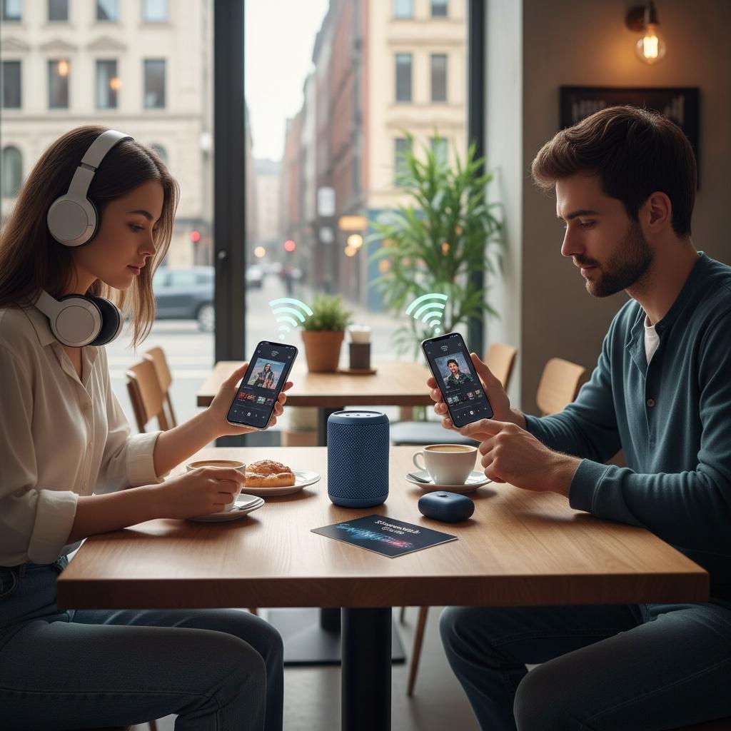 Unge streamer musik i café